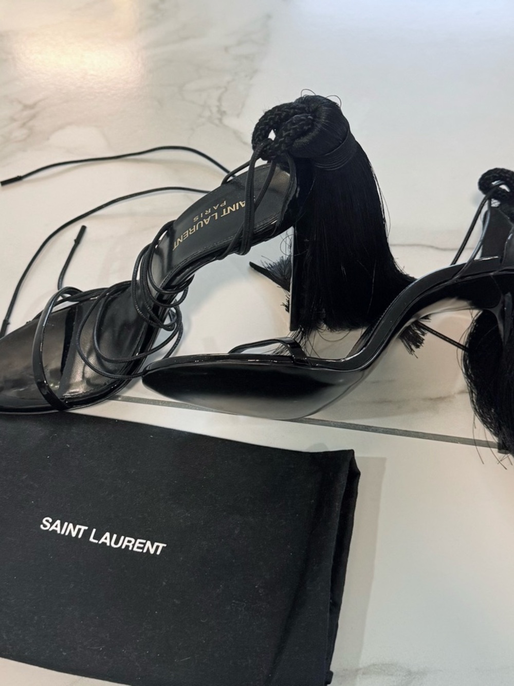 Saint Laurent Black Patent Leather Tassel Lace-Up Stilettos - Picture 2 of 4